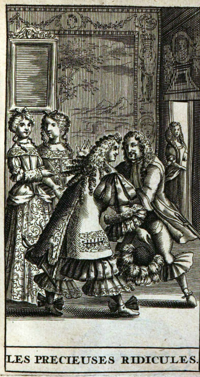 Frontispice des Précieuses ridicules, édition de 1682, dessin de Pierre Brissart gravé par Jean Sauvé.